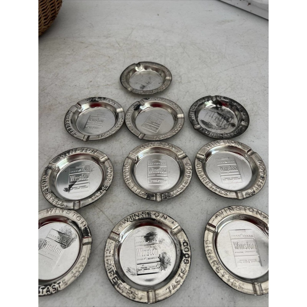 Lot Of 10 Vintage Metal Winston Cigarettes Taste Good Advertising Ashtrays